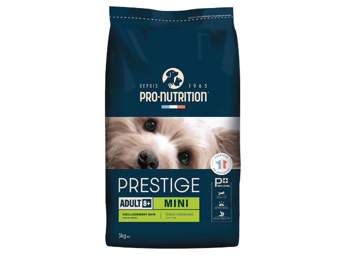 Prestige dog adult 8+ mini dog food.